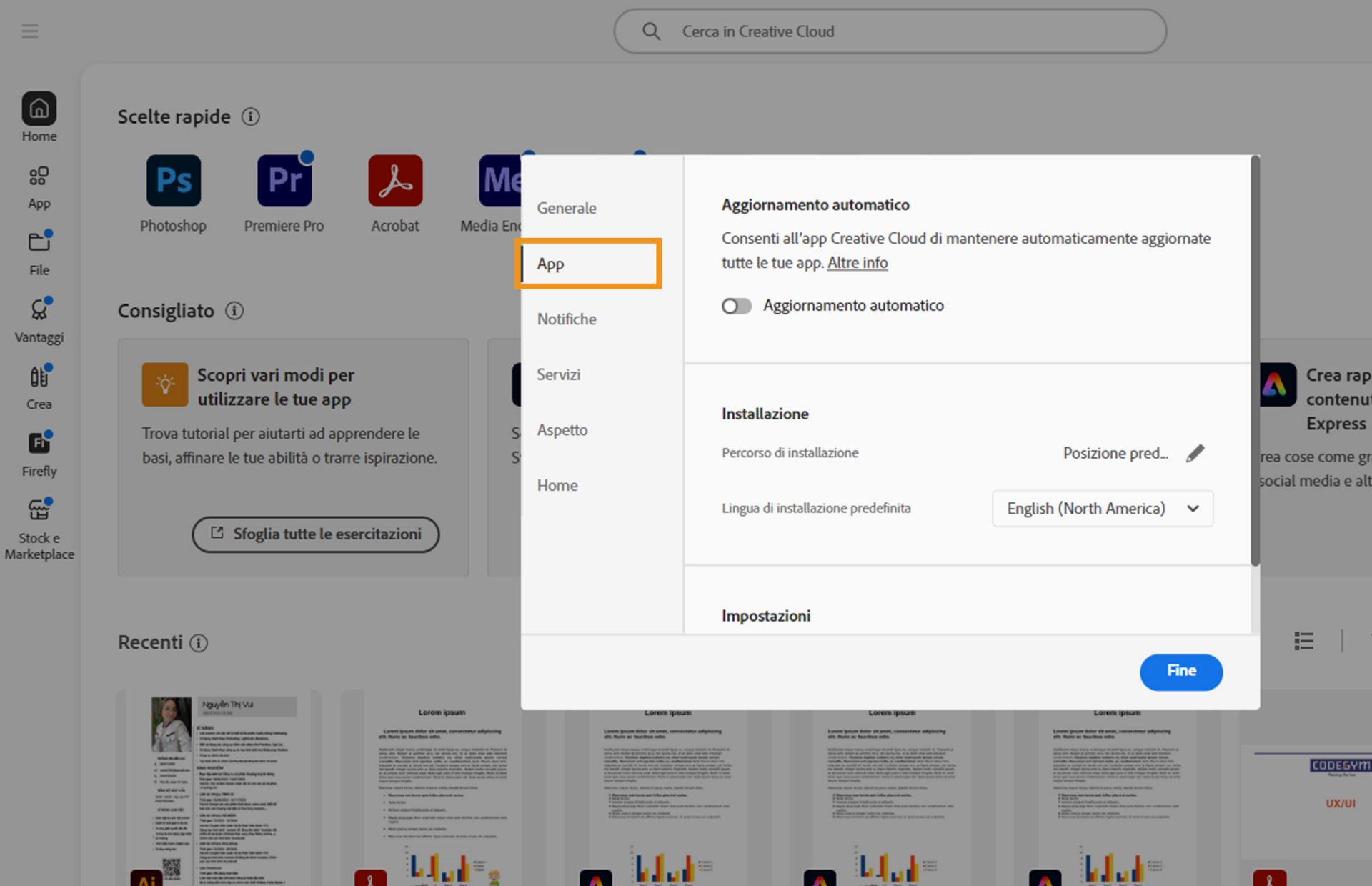 Pannello delle preferenze di Adobe Creative Cloud aperto nella scheda “Applicazioni”, che mostra le opzioni per l’aggiornamento automatico, la posizione di installazione e l’utilizzo della larghezza di banda.