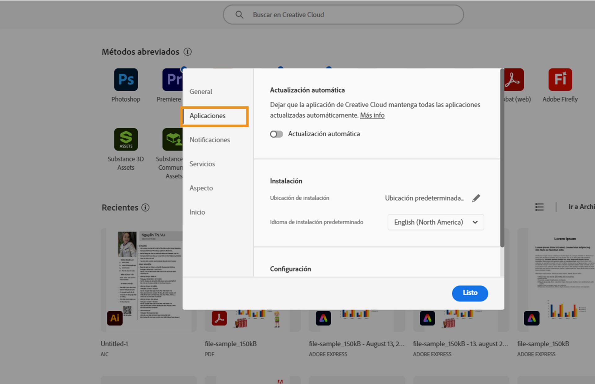 Panel de preferencias de Adobe Creative Cloud abierto en la pestaña &quot;Aplicaciones&quot;, mostrando opciones para actualización automática, ubicación de instalación y uso de ancho de banda.
