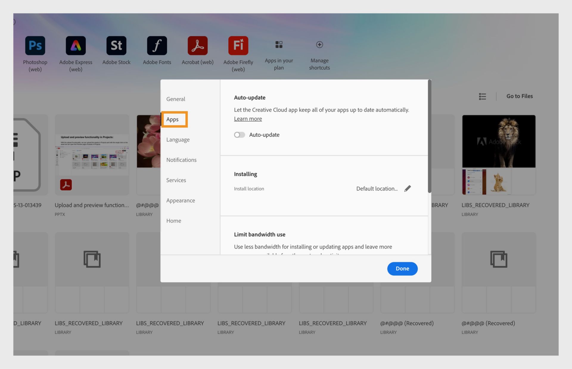 Adobe Creative Cloud preferences panel open on the “Apps” tab, showing options for auto-update, install location, and bandwidth use.