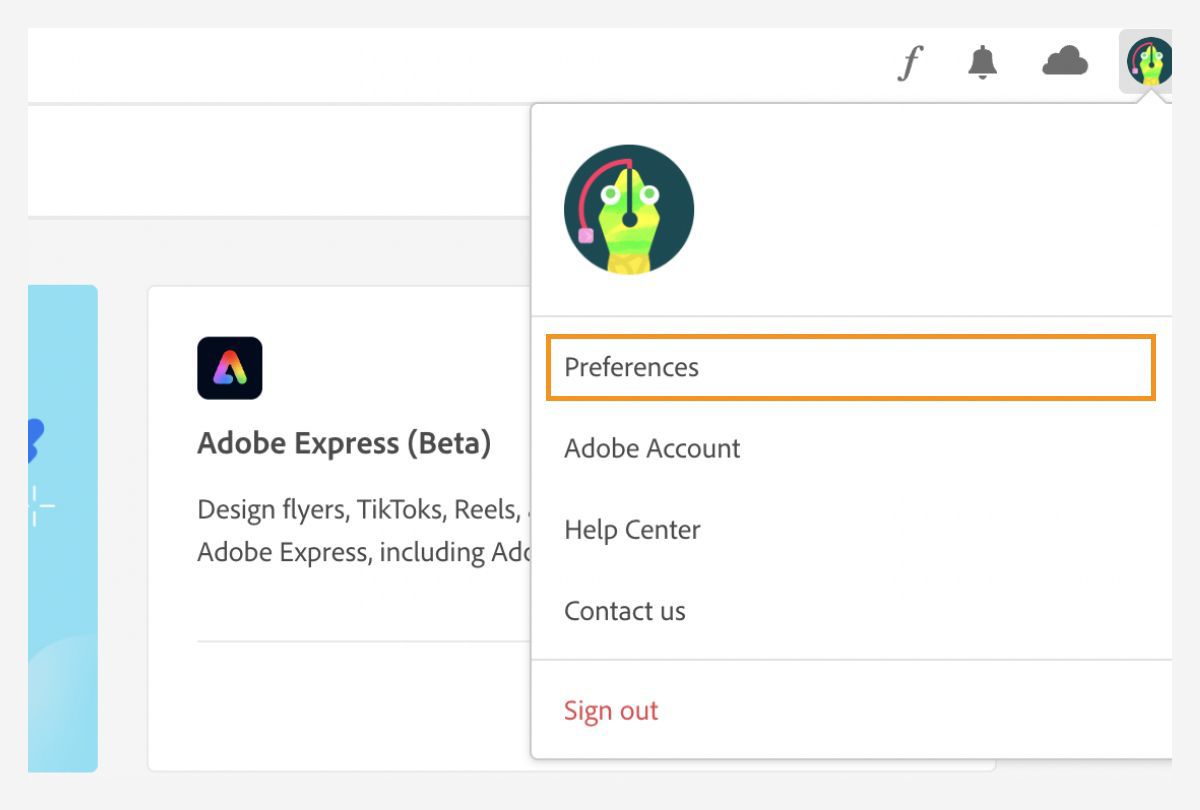 Selecionar preferências no menu de conta da Adobe.