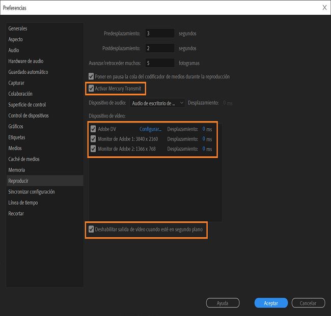Activación de preferencias para mostrar vídeo en un segundo monitor