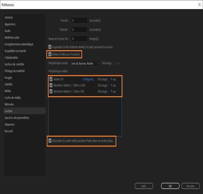 Activation des préférences pour afficher la vidéo sur un deuxième moniteur