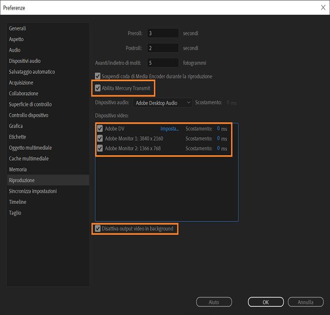 Attivazione delle preferenze per visualizzare il video su un secondo monitor