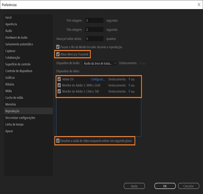 Ativar preferências para exibir vídeo em um segundo monitor