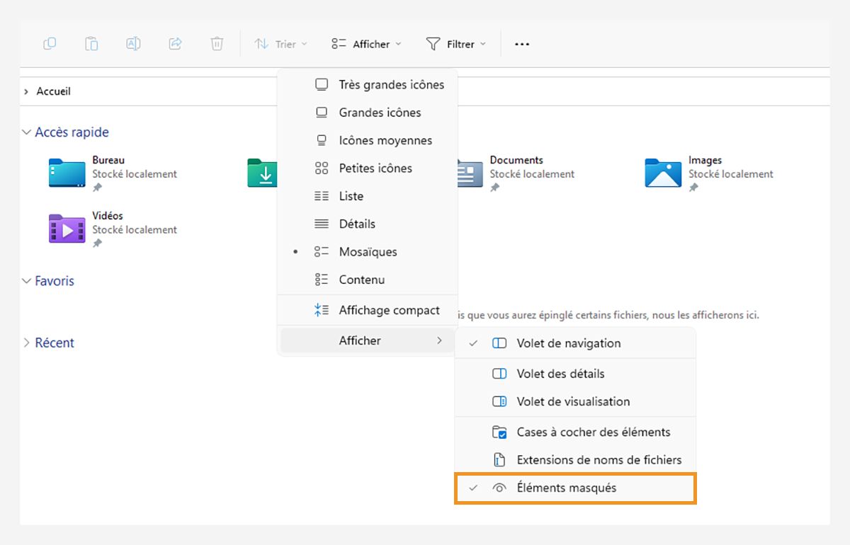 L’option Éléments masqués est sélectionnée dans le menu déroulant Affichage.