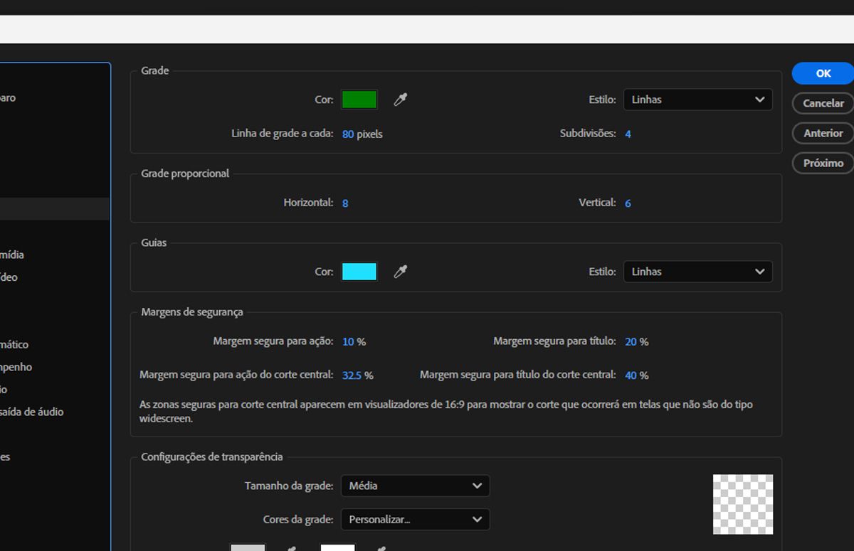 A caixa de diálogo “Preferências” aberta e, com a cor, o estilo e as configurações das linhas de grade especificados na seção “Grade”.