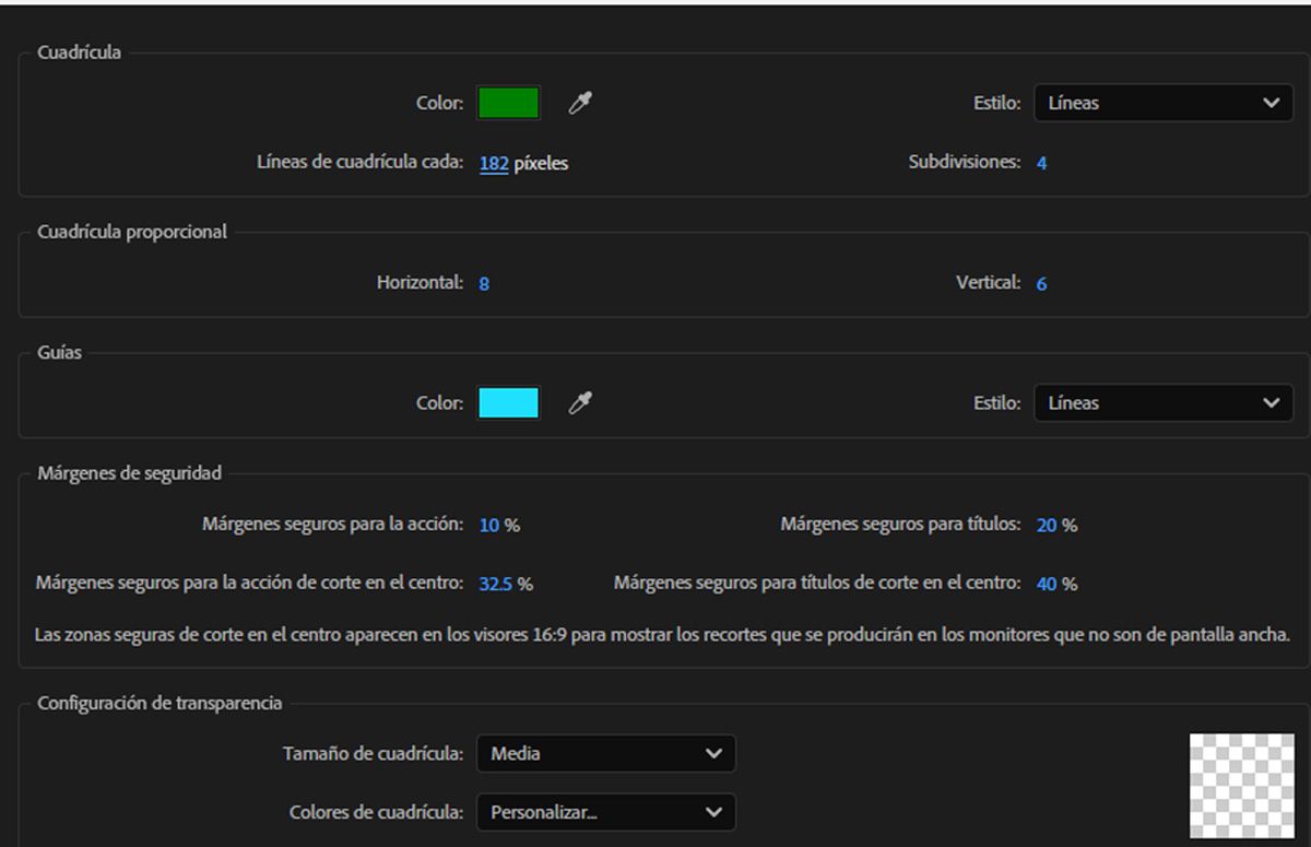 El cuadro de diálogo Preferencias está abierto y, en la sección cuadrícula, se especifican un color, un estilo y una configuración para las líneas de cuadrícula.
