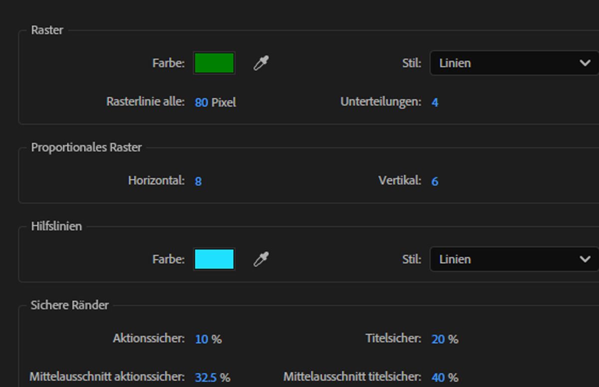 Das Dialogfeld „Voreinstellungen“ ist geöffnet und im Abschnitt „Raster“ sind Farbe, Stil und Einstellungen für die Rasterlinien festgelegt.
