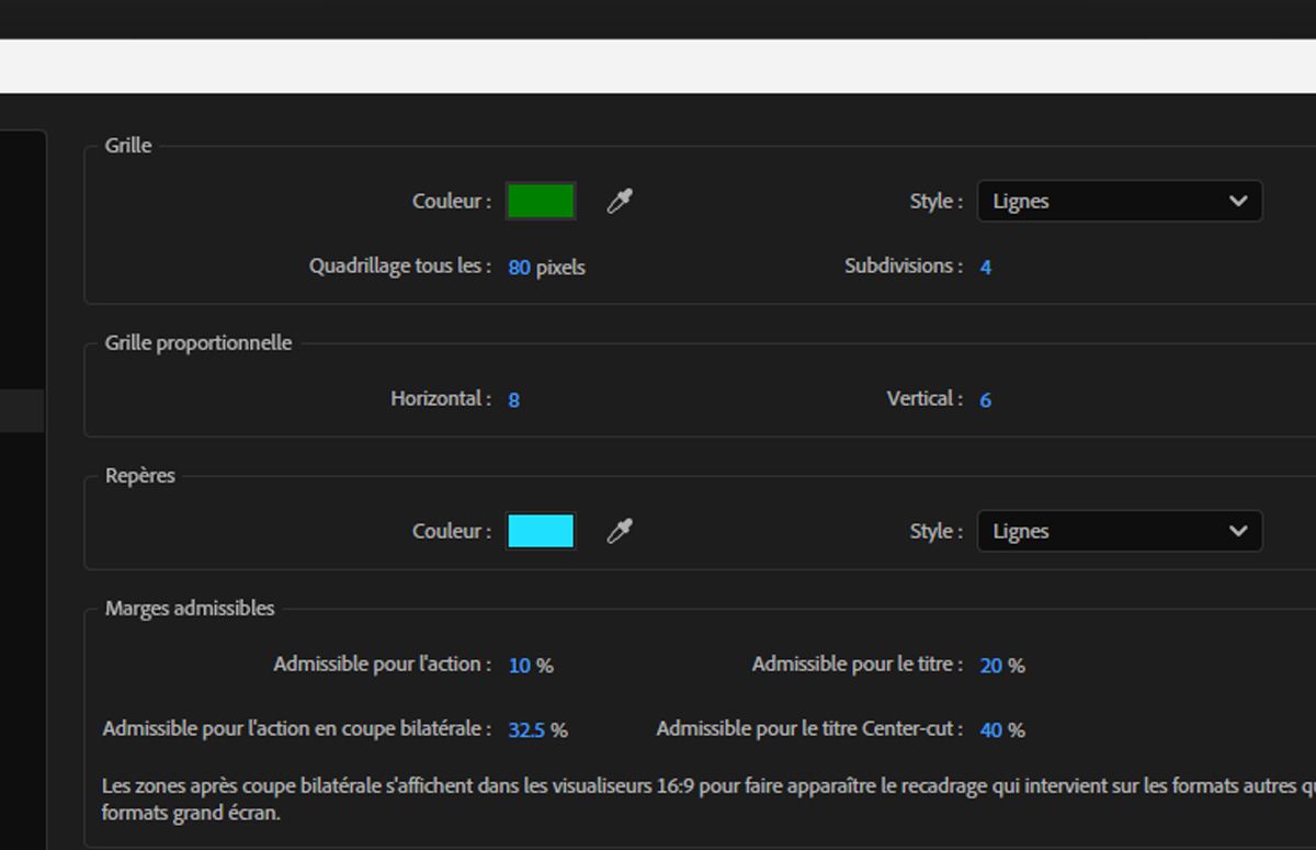 La boîte de dialogue Préférences s’ouvre. Sous la section Grille, une couleur, un style et des paramètres sont spécifiés pour le quadrillage.