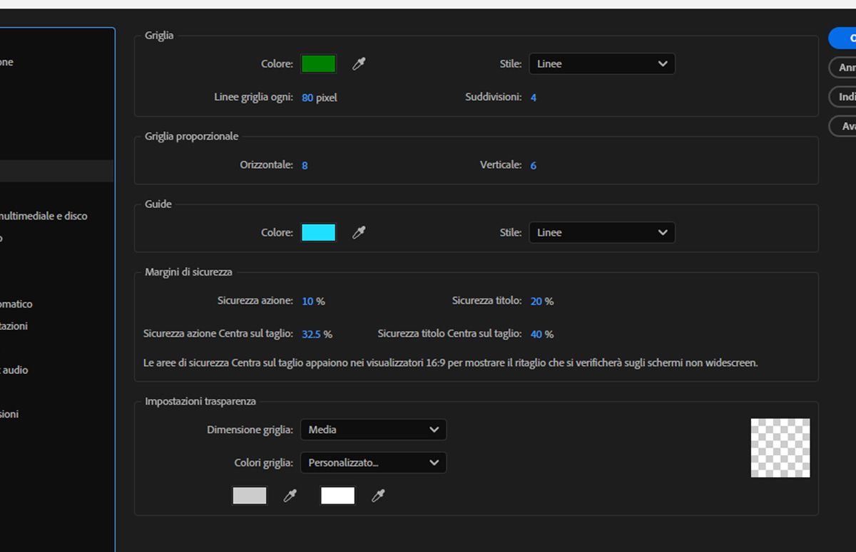 La finestra di dialogo Preferenze è aperta e nella sezione Griglia sono specificati un colore, uno stile e le impostazioni per le linee griglia.
