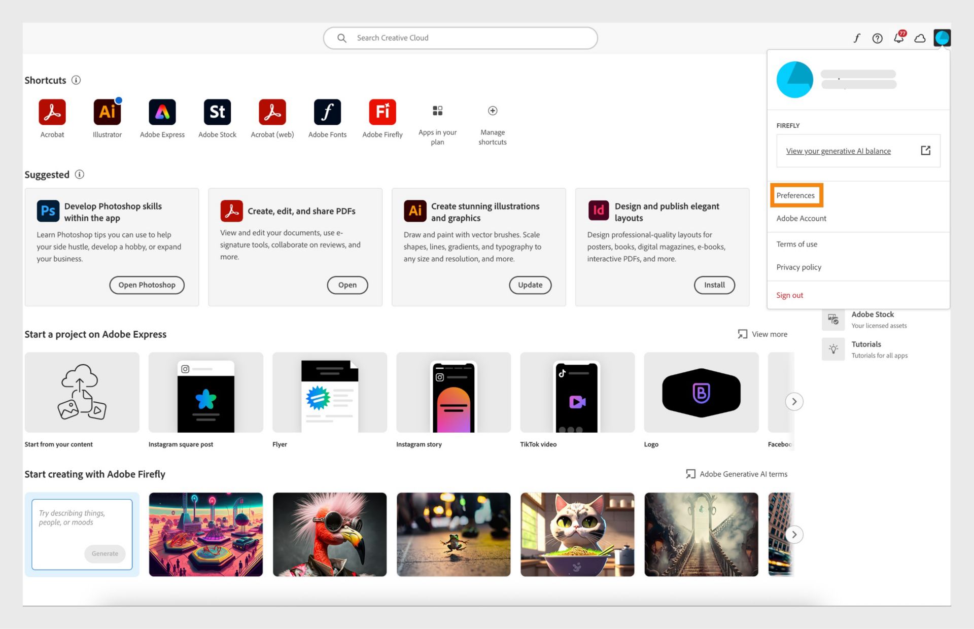 Das Kontomenü enthält Optionen wie „Voreinstellungen“, „Abmelden“ und die monatlichen Generative Credits für generative KI-Funktionen. 
