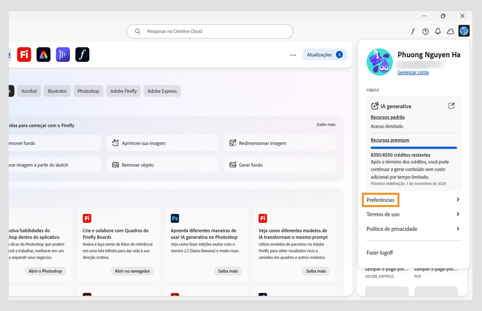 A tela inicial do aplicativo de desktop da Creative Cloud exibe o menu suspenso Conta com a opção Fazer logoff. 