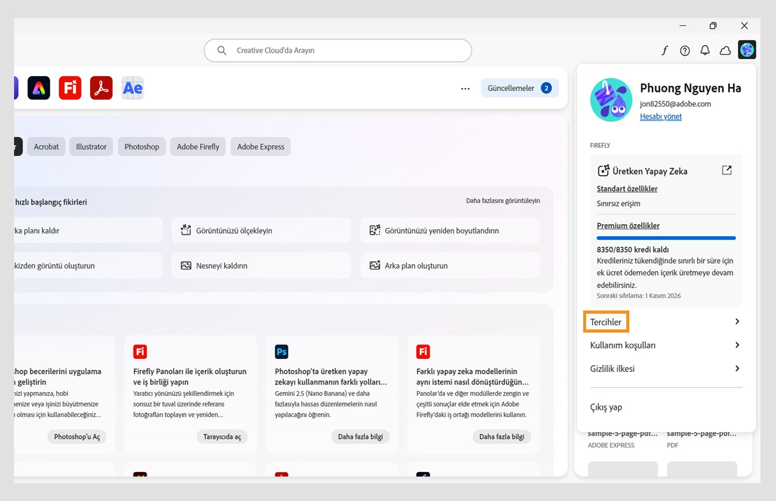 Creative Cloud masaüstü uygulaması, Ayarlar seçeneği üzerinde vurgu yapılmış hesap açılır menüsünü görüntüler.