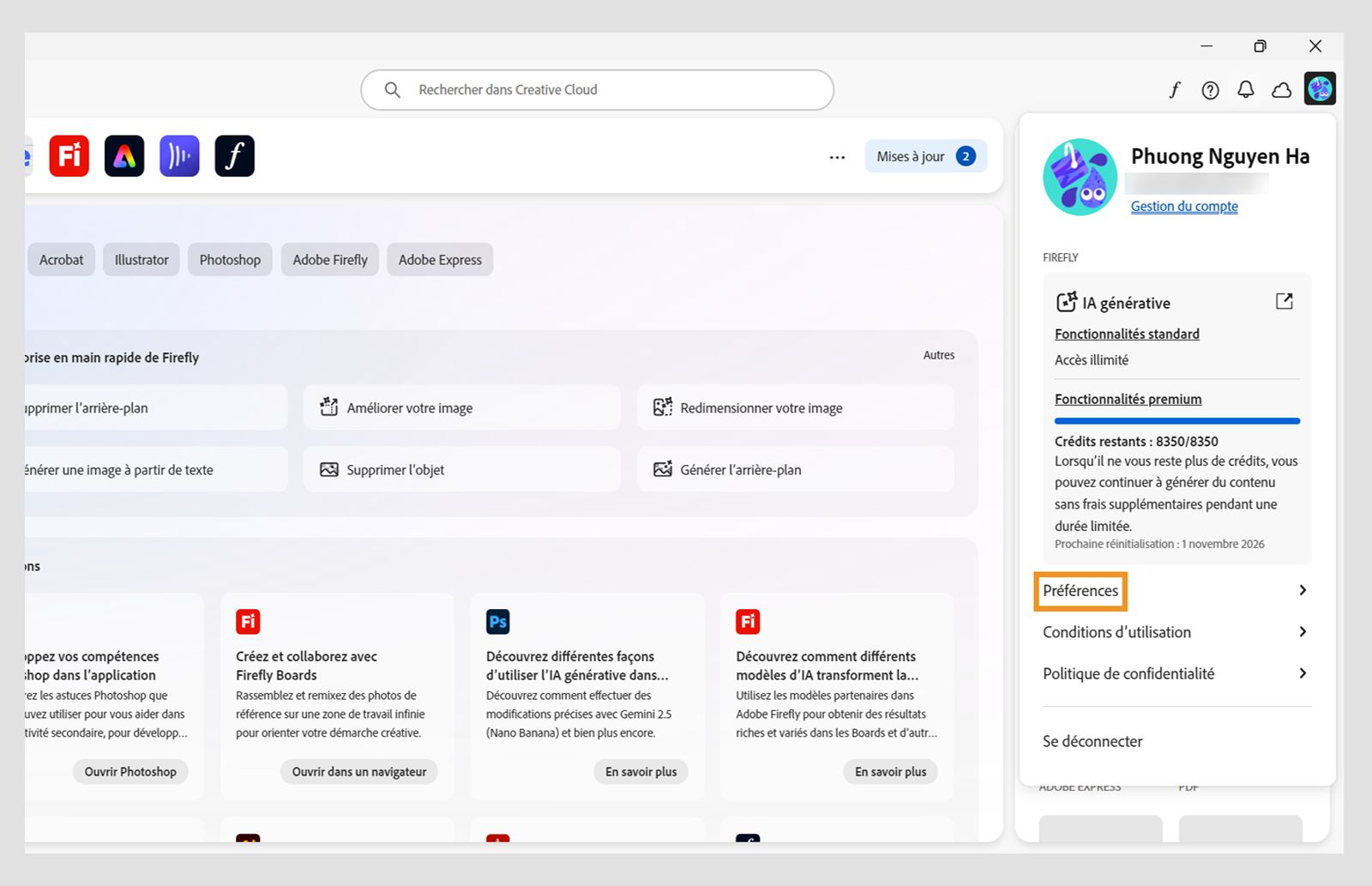 Le menu Compte affiche des options comme Préférences, Se déconnecter et crédits génératifs mensuels.