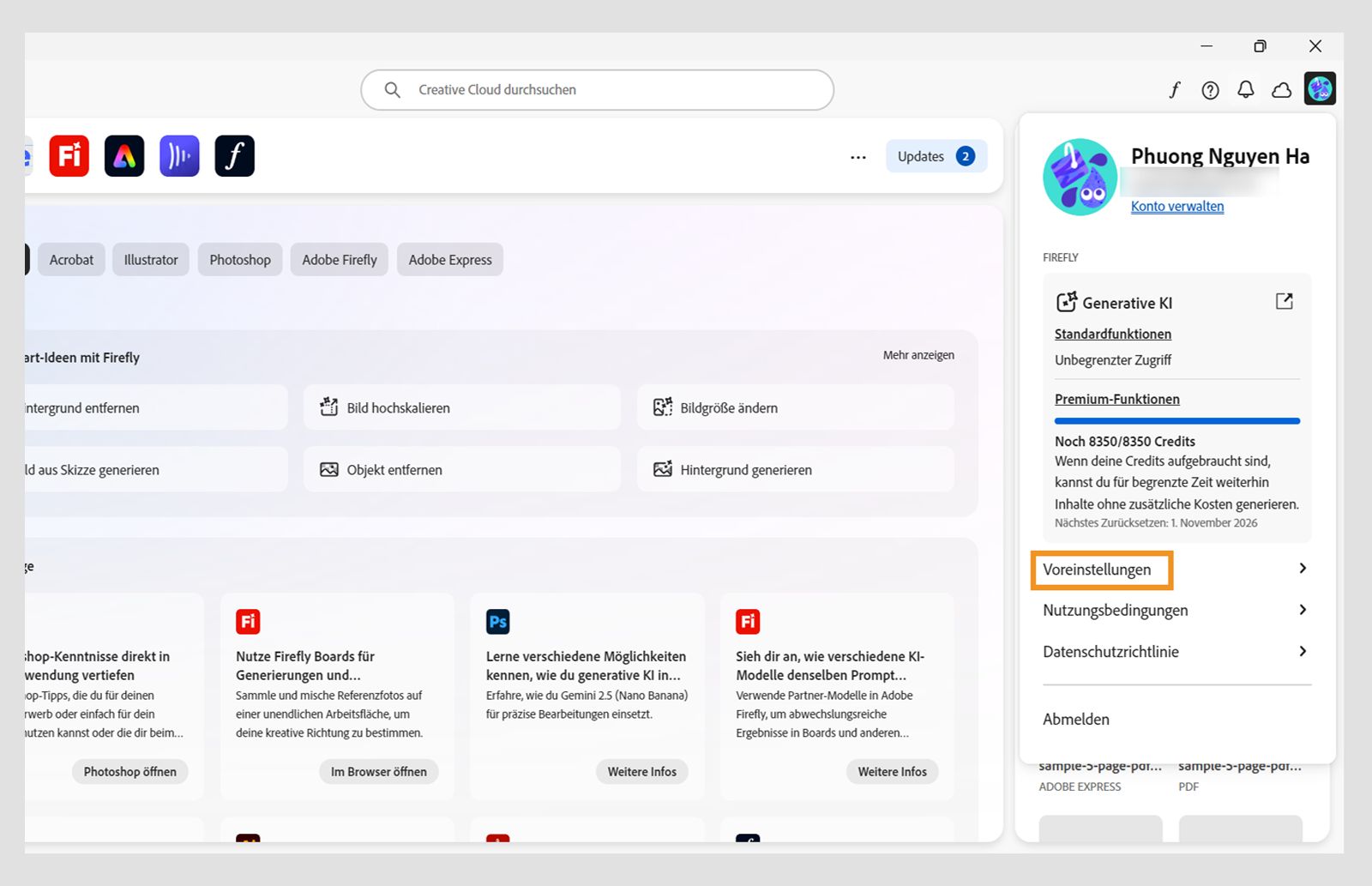 Auf dem Startbildschirm des Creative Cloud-Clients wird das Dropdown-Menü „Konto“ mit der Option „Abmelden“ angezeigt. 
