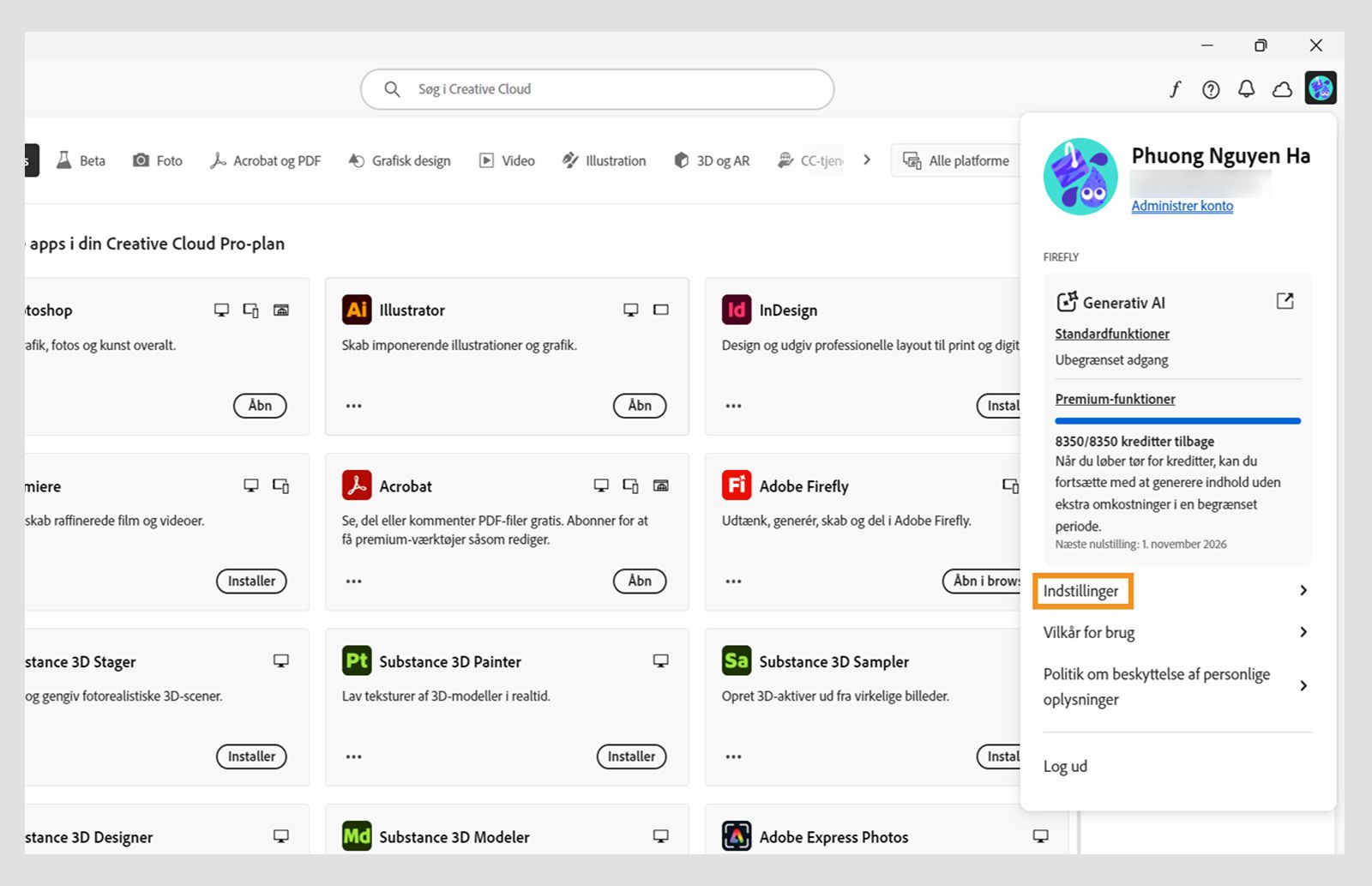 เปิดการกำหนดลักษณะจากเมนูแอป Creative Cloud บนเดสก์ท็อปเพื่อปรับแต่งการตั้งค่า จัดการอัปเดต และควบคุมพฤติกรรมแอป