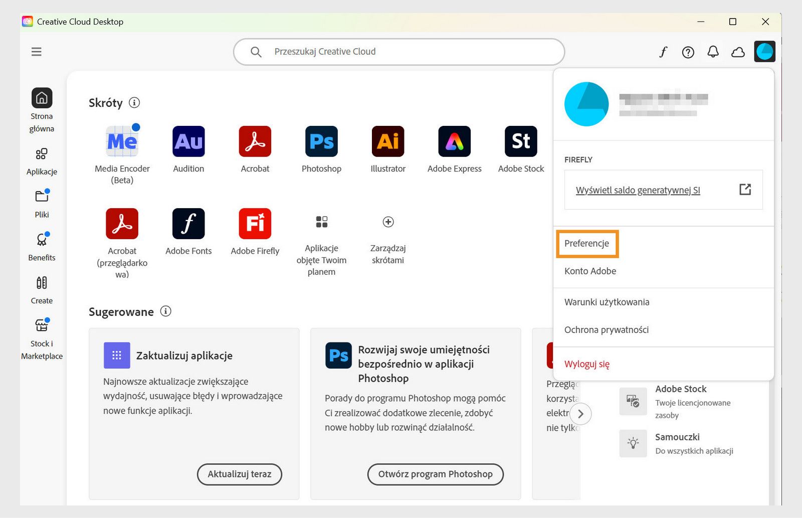 Creative Cloud Desktop wyświetla menu rozwijane konta z podświetloną opcją Ustawienia.