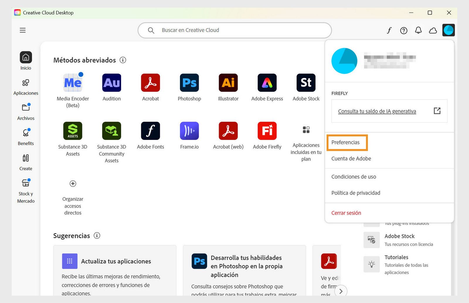 Icono de Cuenta y opción Preferencias en el menú de la aplicación de Creative Cloud.