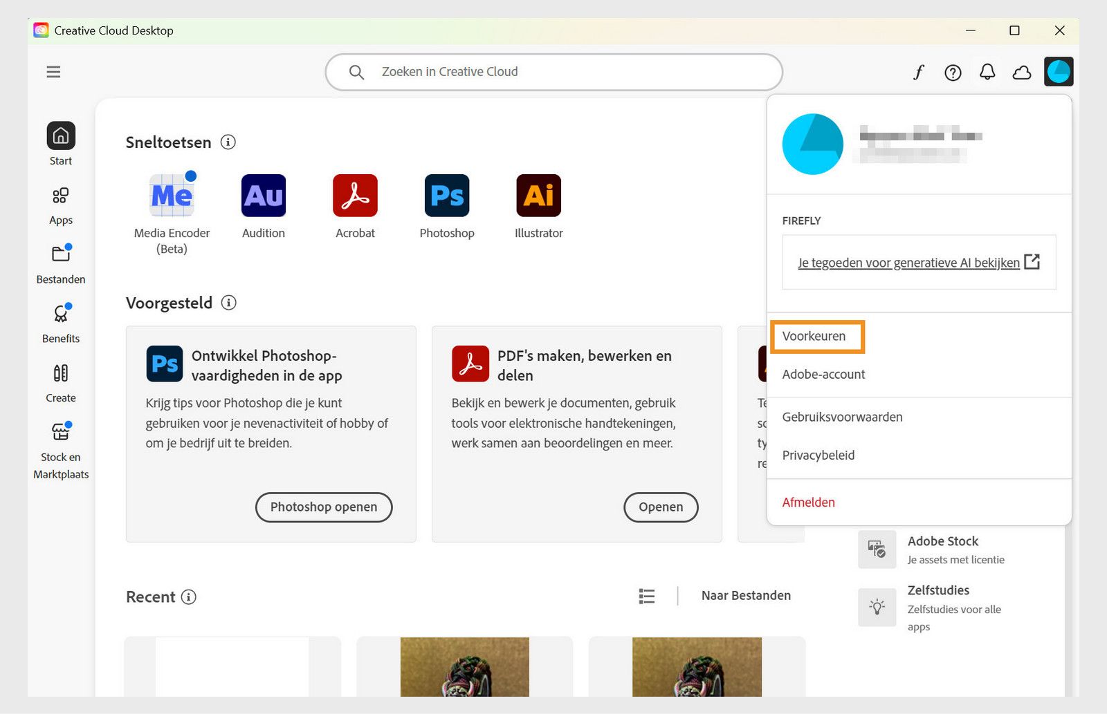 Het menu Account bevat opties zoals Voorkeuren, Afmelden en het aantal maandelijkse generatieve tegoeden voor generatieve AI-functies. 