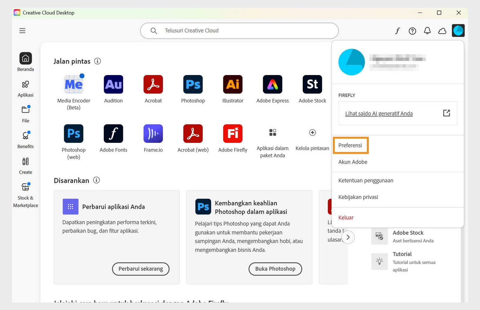 Ikon menu Akun di kanan atas aplikasi Creative Cloud Desktop menyediakan opsi untuk memilih preferensi aplikasi.