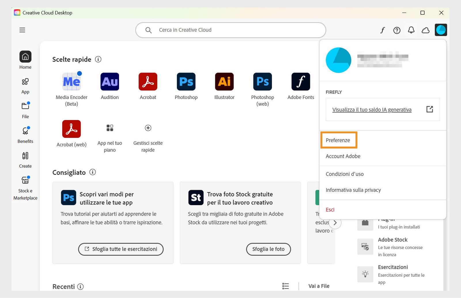 L'icona del menu Account nell'angolo in alto a destra dell'app Creative Cloud fornisce l'opzione per selezionare le preferenze dell'Applicazione.
