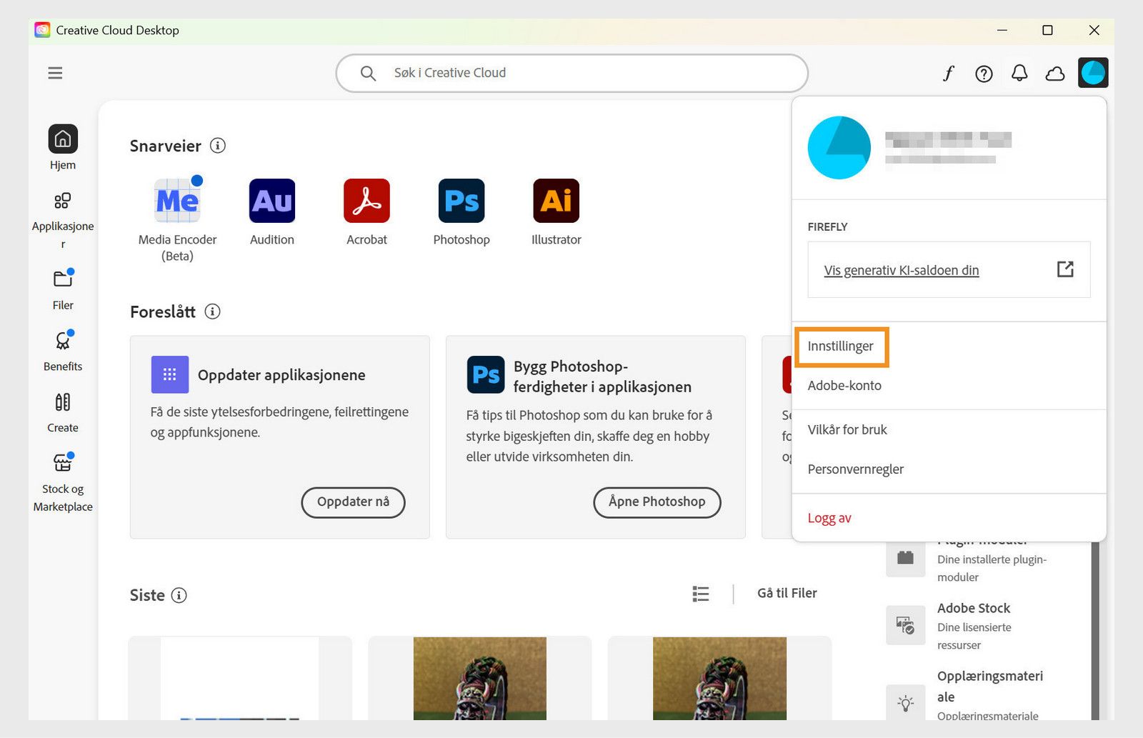Creative Cloud-app-vinduet viser alternativet Innstillinger i kontekstmenyen.
