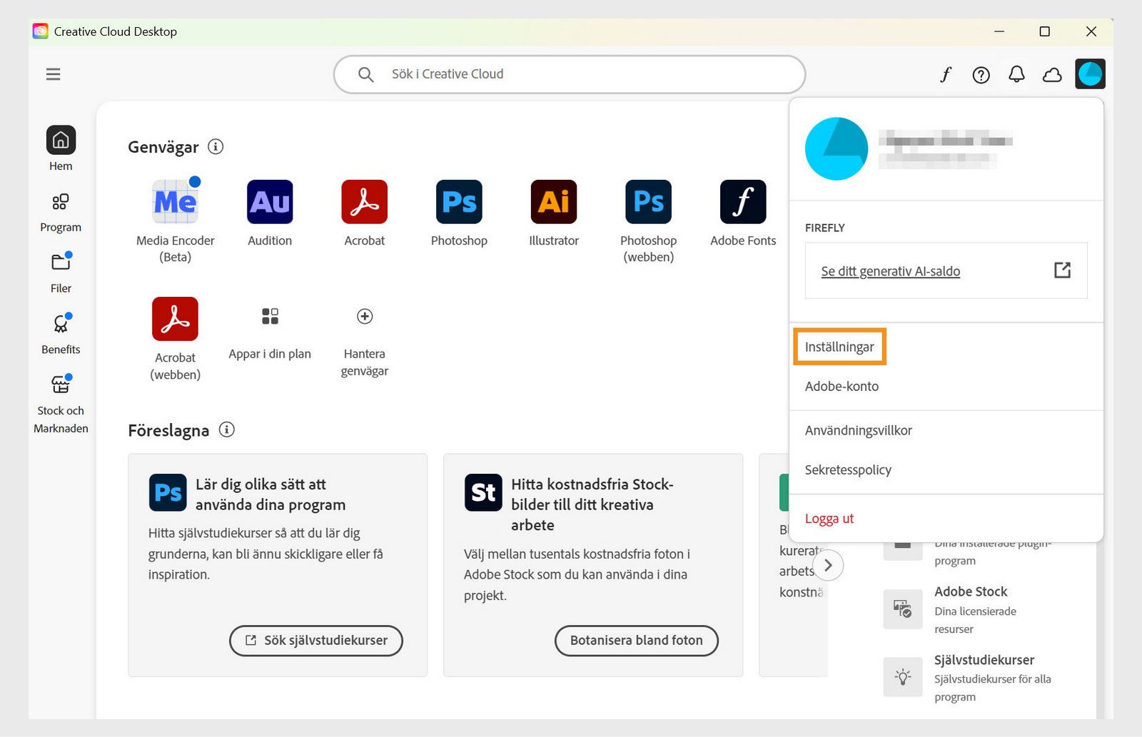 Fönstret med Creative Cloud-datorprogrammet som visar alternativet Inställningar i snabbmenyn.
