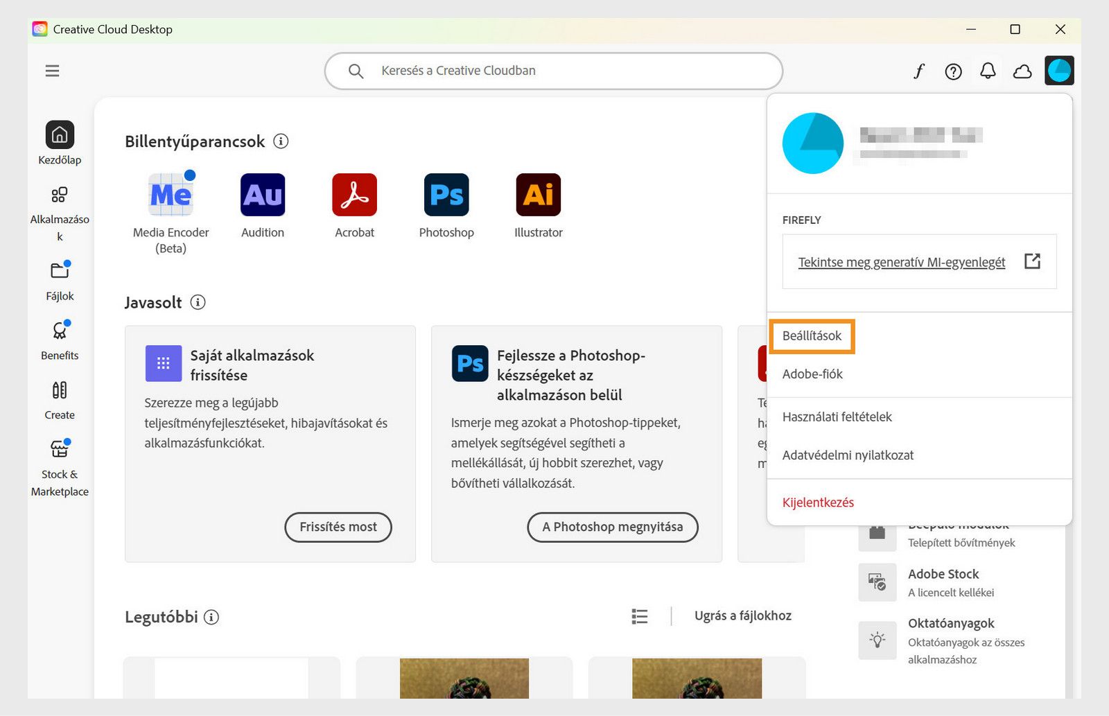 A Creative Cloud alkalmazás megjeleníti a fiók legördülő menüjét, kiemelve a Beállítások opciót.