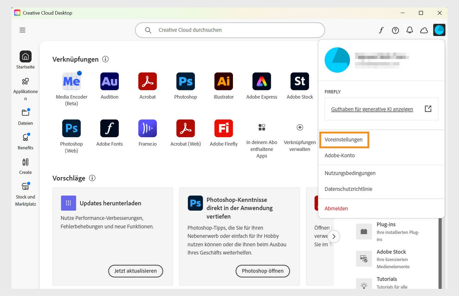 Creative Cloud-Client-Fenster, das die Option „Einstellungen“ im Kontextmenü anzeigt.