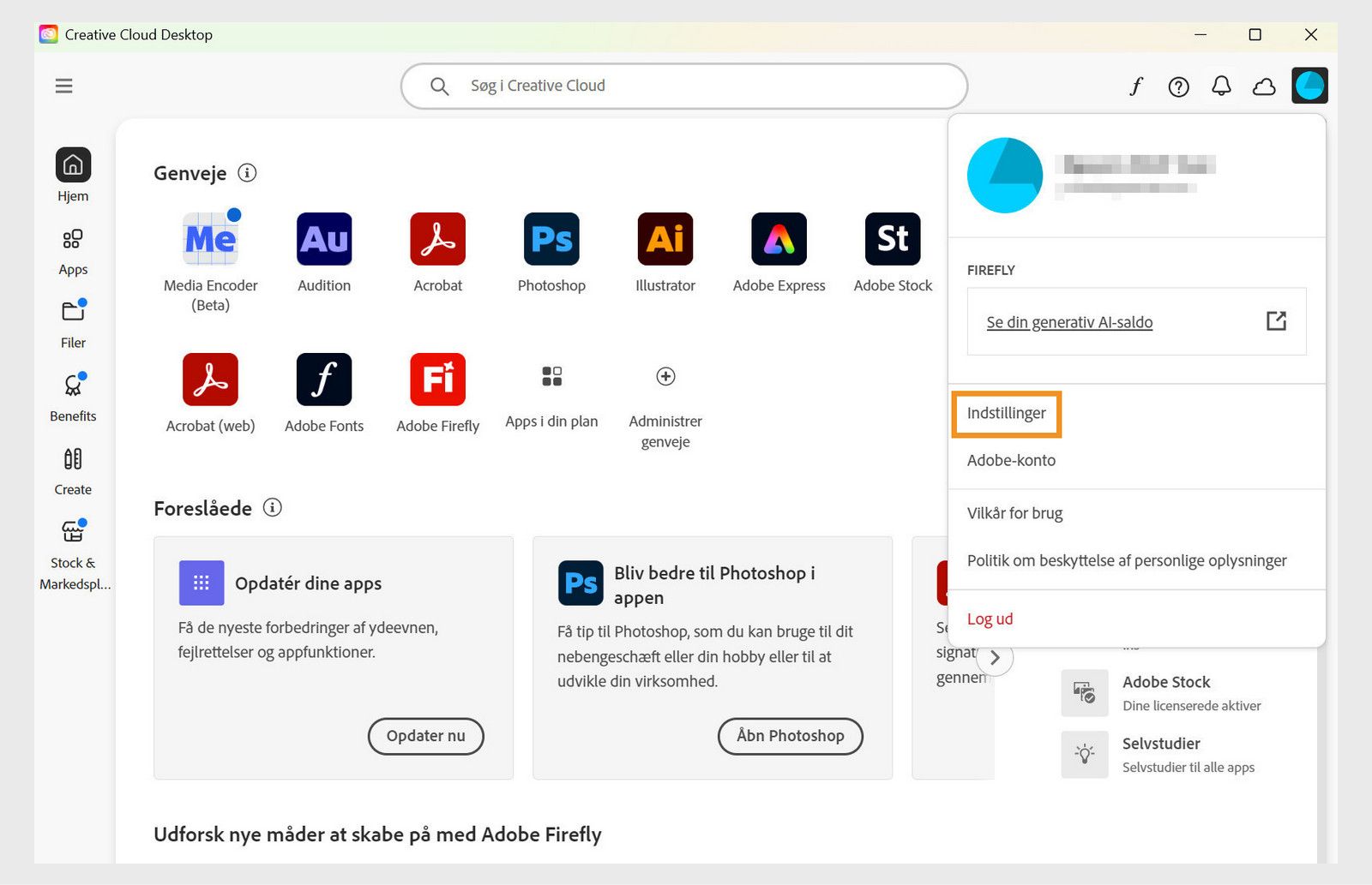 Ikonet Konto og indstillingen Præferencer i menuen for Creative Cloud-computerappen.
