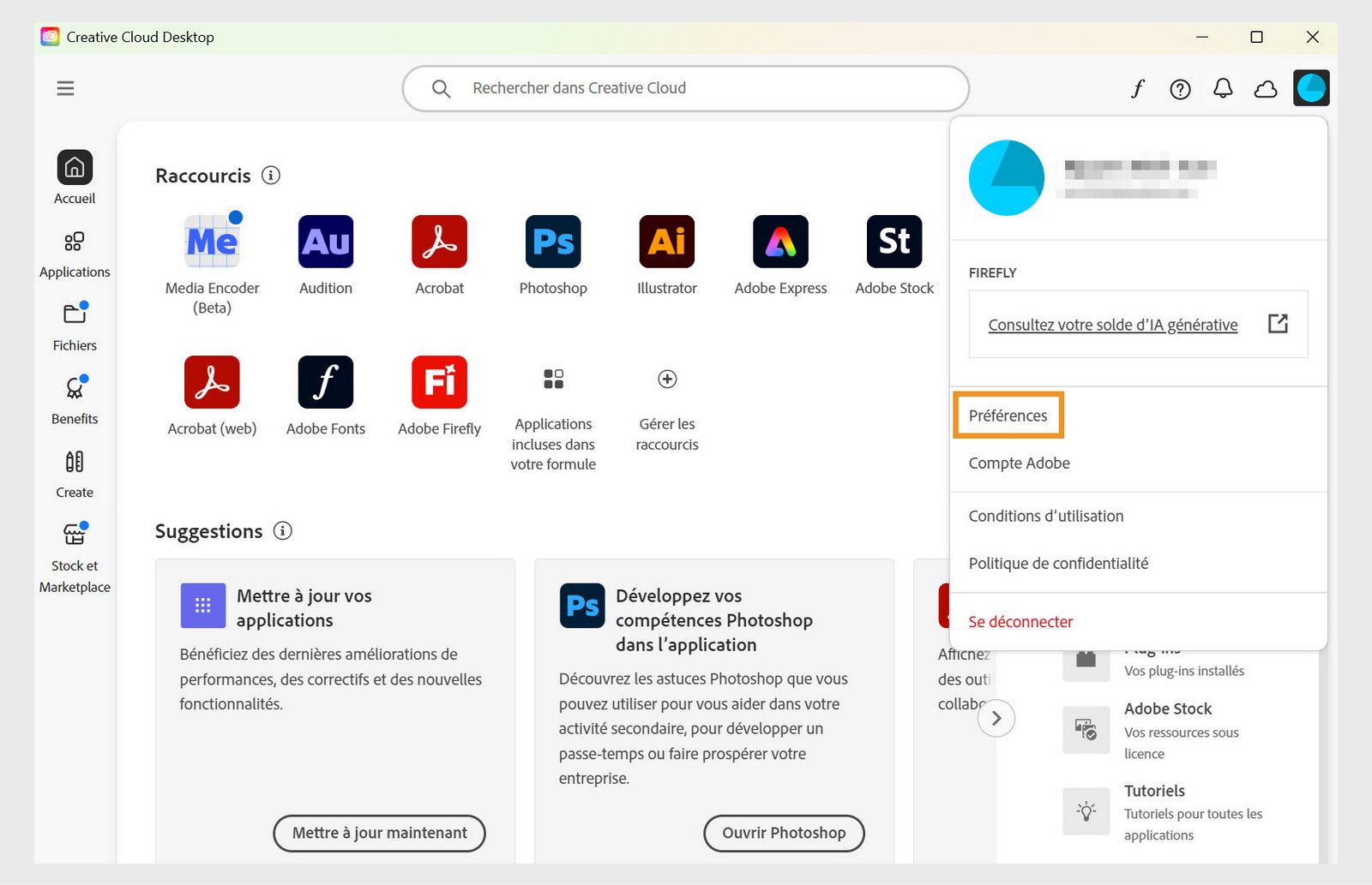 L'icône de menu Compte dans le coin supérieur droit de l'application de bureau Creative Cloud fournit l'option de sélectionner les préférences de l'applications.