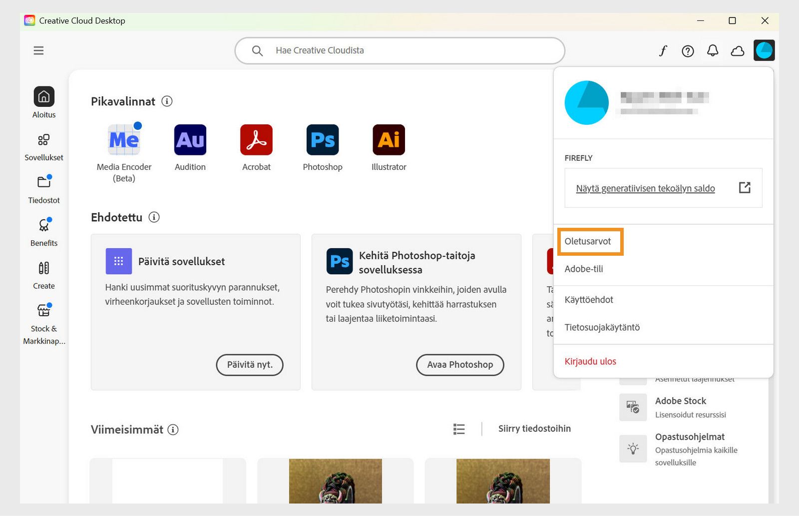 Creative Cloud -sovelluksen ikkuna, jossa näkyy Asetukset-vaihtoehto kontekstivalikossa.