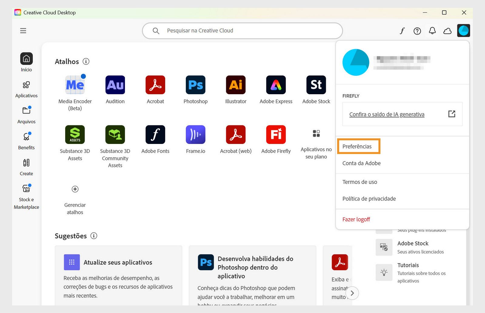 O ícone do menu da conta no canto superior direito do aplicativo para desktop da Creative Cloud permite selecionar as preferências do aplicativo.