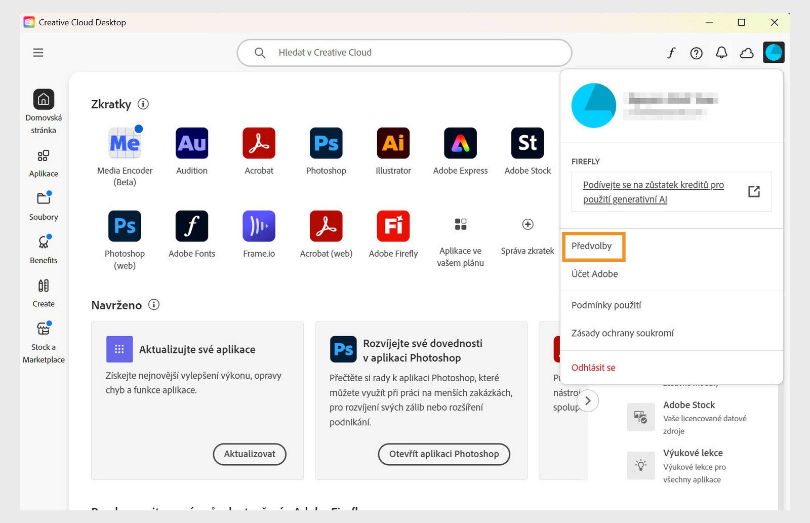 Okno aplikace Creative Cloud zobrazující možnost Předvolby v kontextové nabídce.