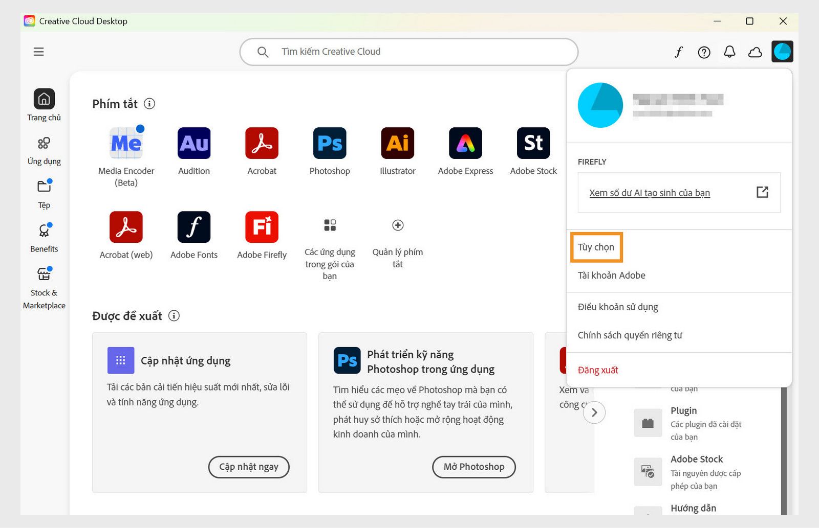 Ứng dụng Creative Cloud trên máy tính hiển thị menu thả xuống tài khoản với phần tô sáng trên option Tùy chọn.