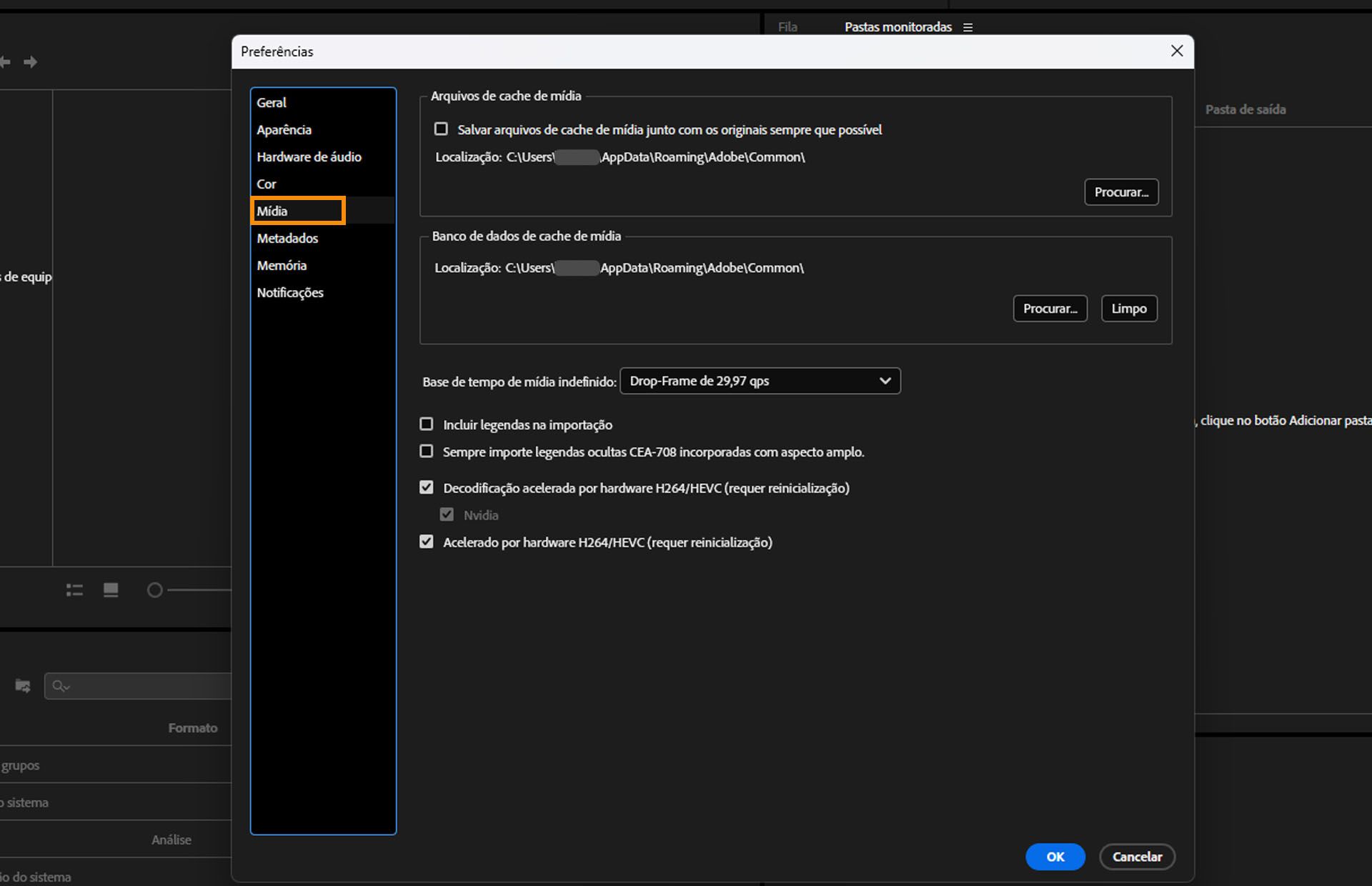 A caixa de diálogo “Preferências” aberta com a guia “Mídia” selecionada, exibindo os campos e opções da guia “Mídia”. 