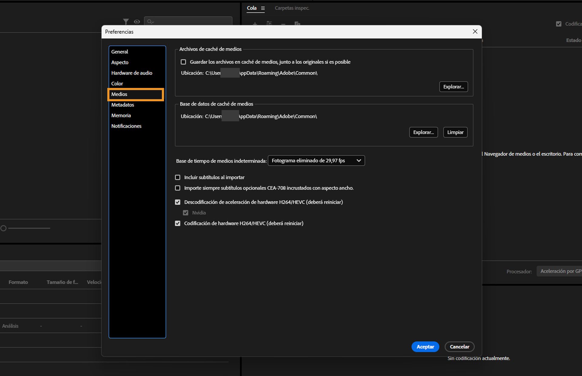 El cuadro de diálogo Preferencias está abierto, se ha seleccionado la pestaña Medios y se muestran los campos y opciones de la pestaña Medios.