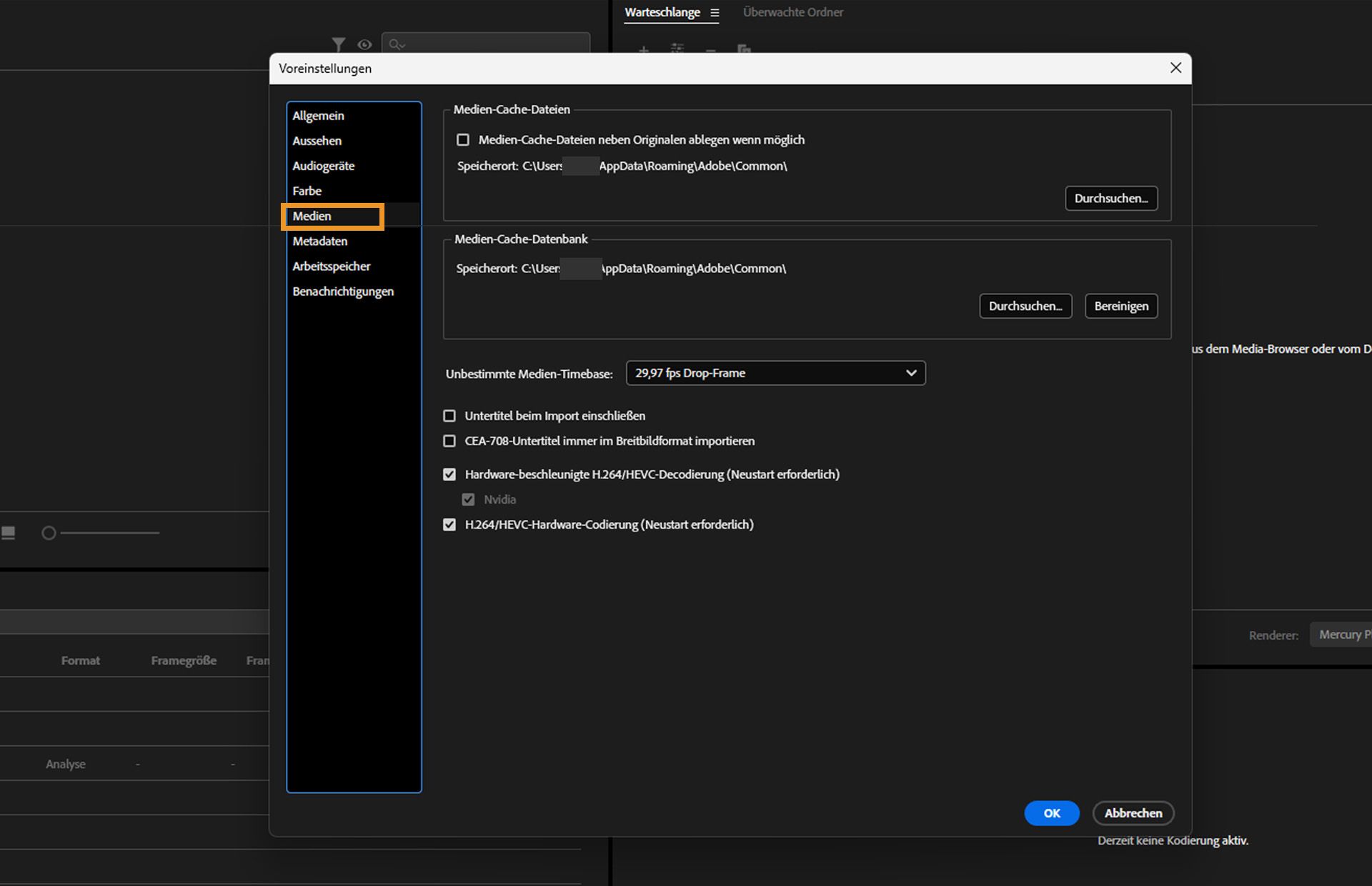 Das Dialogfeld „Voreinstellungen“ ist geöffnet, die Registerkarte „Medien“ ist ausgewählt und die Felder und Optionen auf der Registerkarte „Medien“ werden angezeigt. 