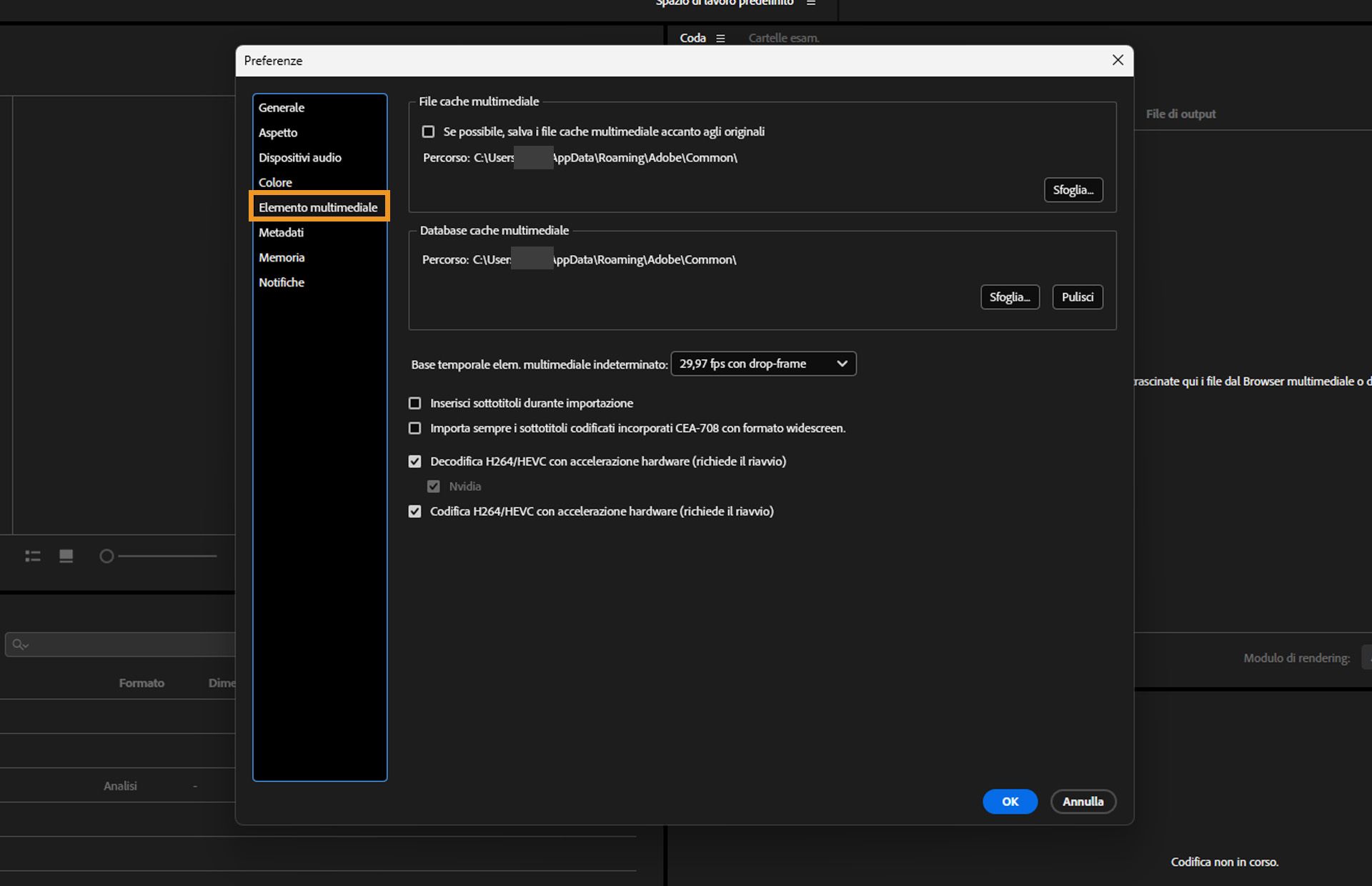 La finestra di dialogo Preferenze è aperta, la scheda Media è selezionata e vengono visualizzati i campi e le opzioni nella scheda Media.