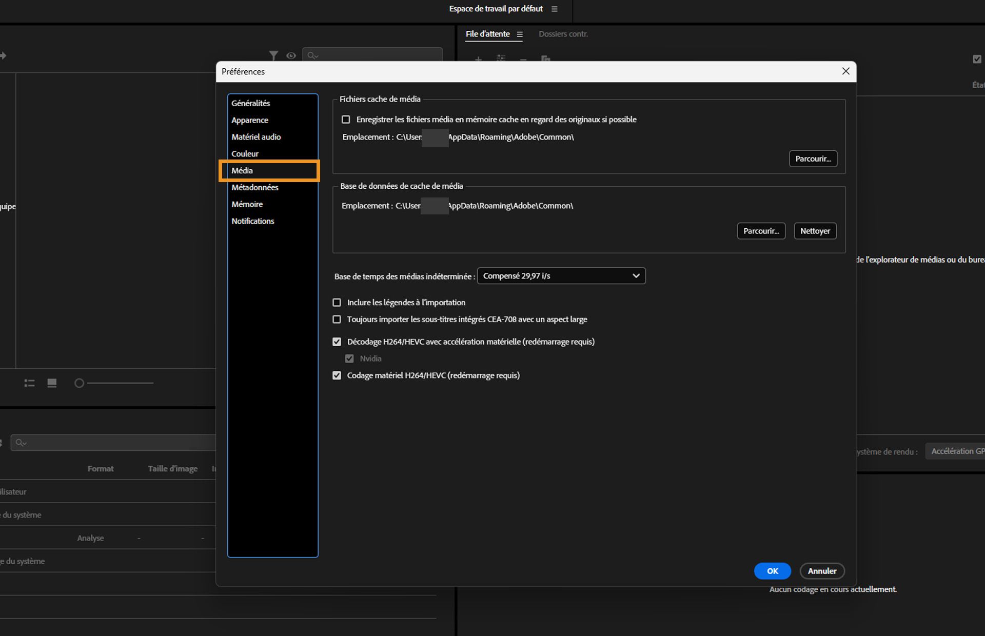 La boîte de dialogue Préférences s’ouvre, l’onglet Médias est sélectionné et les champs et options de l’onglet Médias s’affichent.