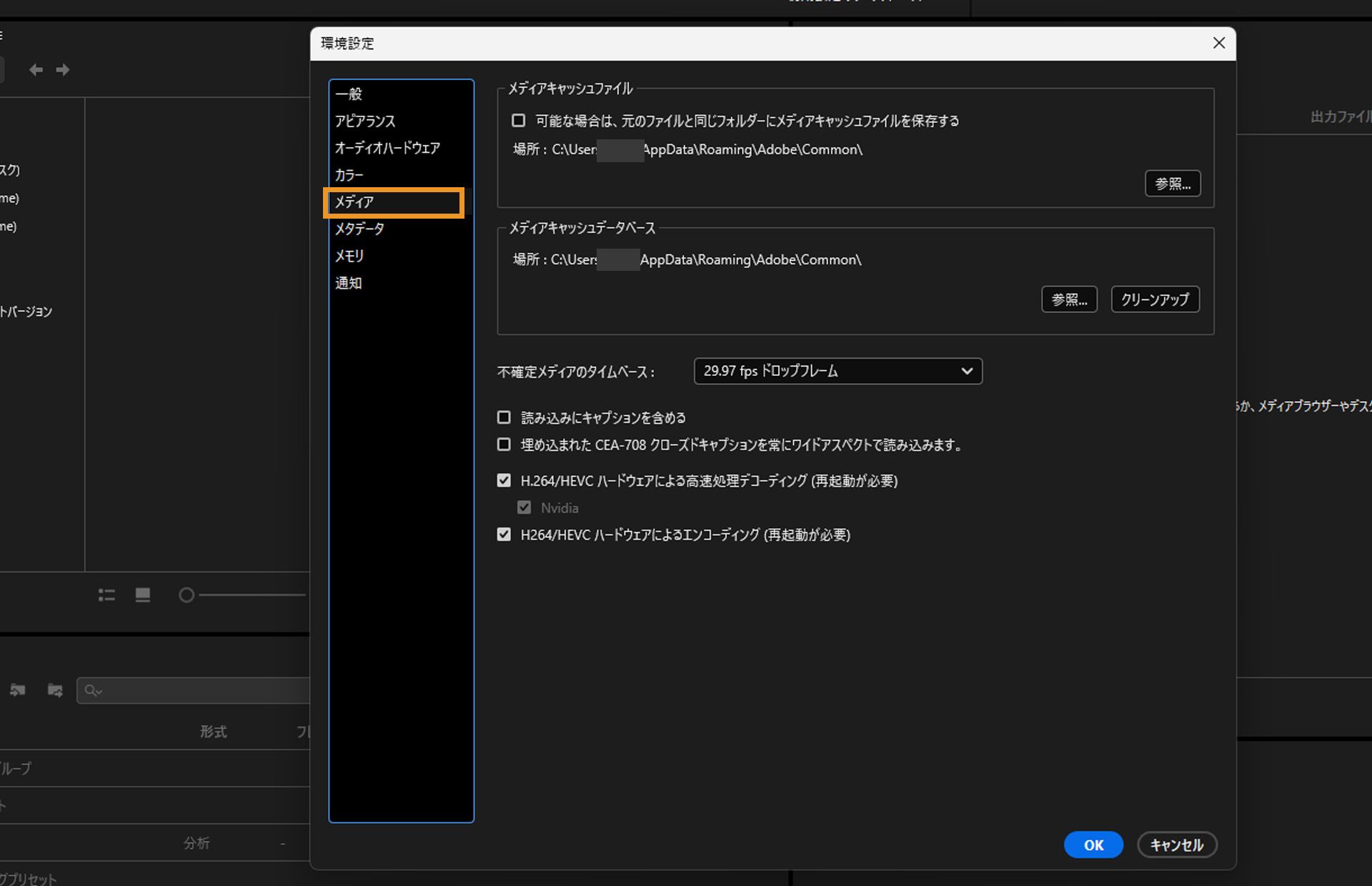 環境設定ダイアログボックスが開いており、メディアタブが選択されています。メディアタブのフィールドとオプションが表示されています。