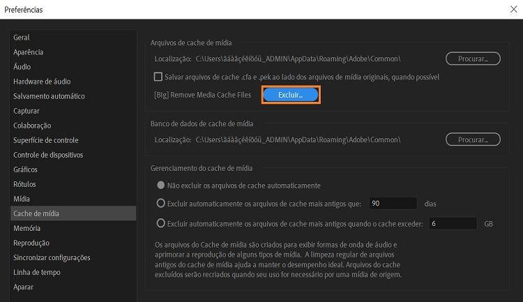 Opção para remover arquivos de cache de mídia