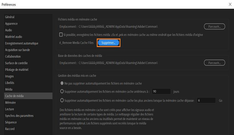Option de suppression de fichiers média en mémoire cache