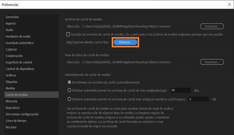 Opción de eliminación de archivos de caché de medios