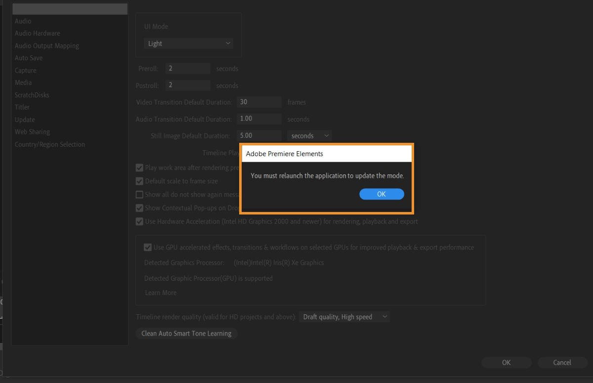 Adobe Premiere Elements dialog box to notify users about the application relaunch.