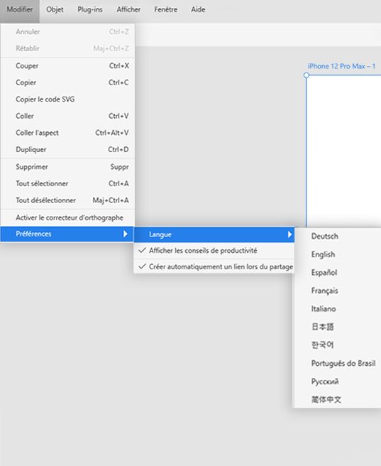 Option pour changer de langue dans XD (Windows)