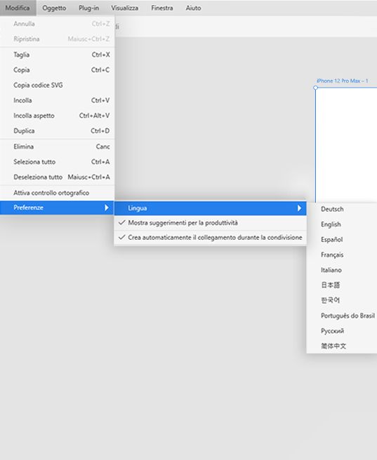 Opzione per cambiare lingua in XD (Windows)