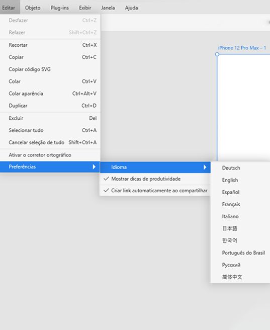 Opção para alterar o idioma no XD (Windows)