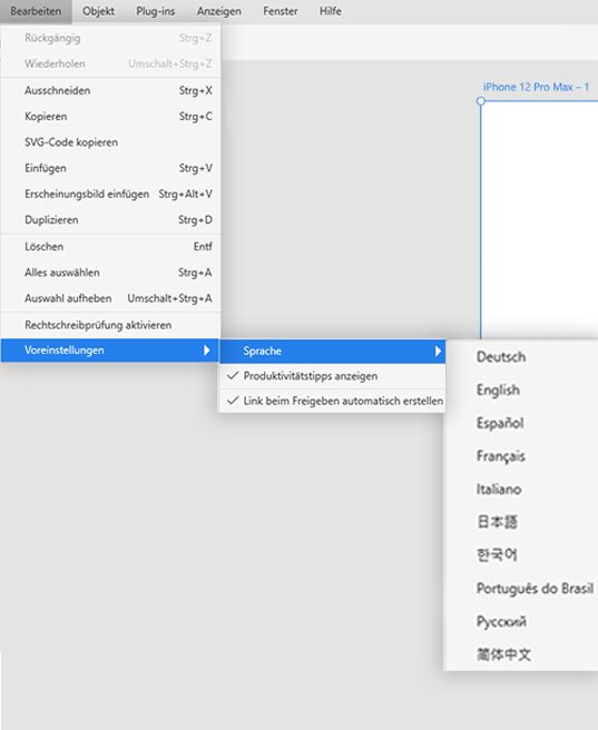 Ändern der Sprache in XD (Windows)