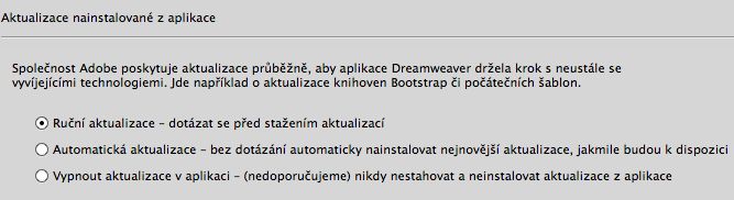 Předvolby aktualizací v rámci aplikace